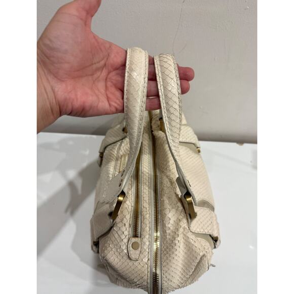 Jimmy Choo Suede Trim Python Embossed Leather Shoulder Top Handle Bag Off White - Picture 7 of 13
